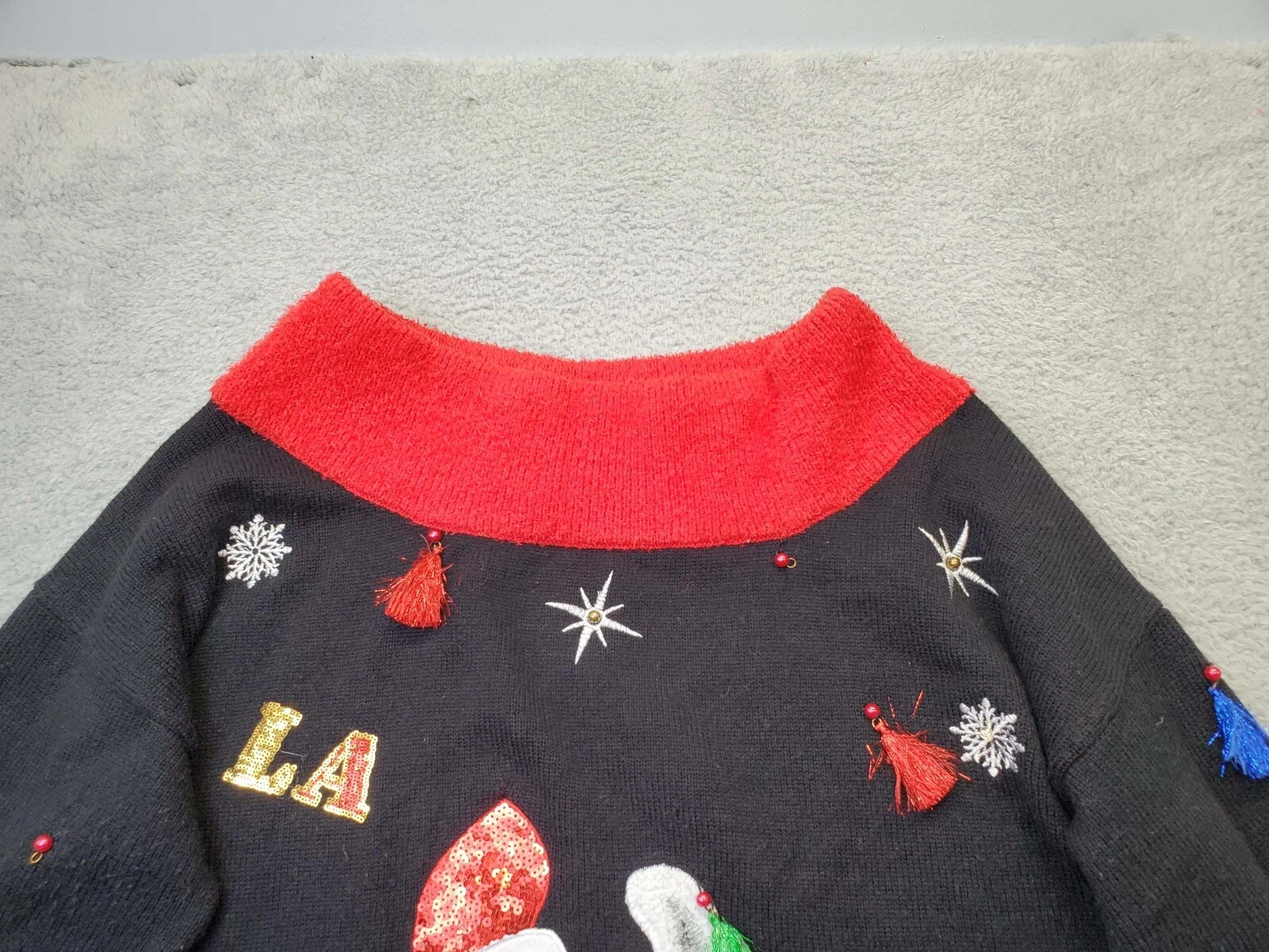 Ugly Christmas Sweater Womens Multi Llama Tassels Embroidered Beaded Sequin Slit