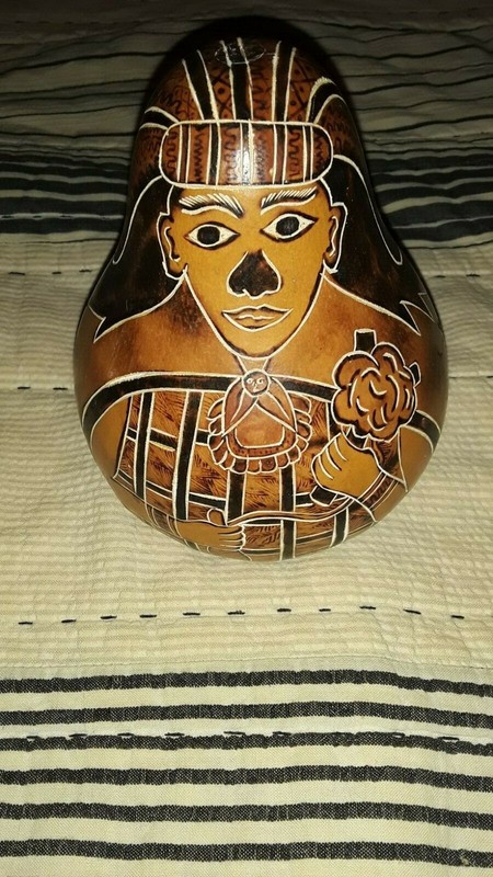 Peruvian Woman Man Indian Carved and Painted Gourd Peru Indian Folk Art Signed 