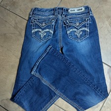 Rock Revival Jinna Bootcut Jeans Blue Distressed Fleur-De-Lis Flap Pocket 27