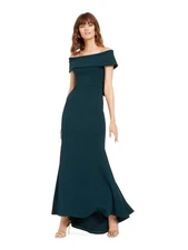 BETSY & ADAM Womens Green Off Shoulder Full-Length Evening Sheath Dress 2
