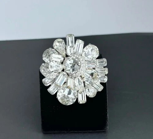 Vintage Eisenberg White Rhinestone Silver Tone Silvertone Brooch