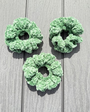 Handmade Crochet Scrunchies Set of 3 Green Glitter Velvet Hair Ties Gift Set