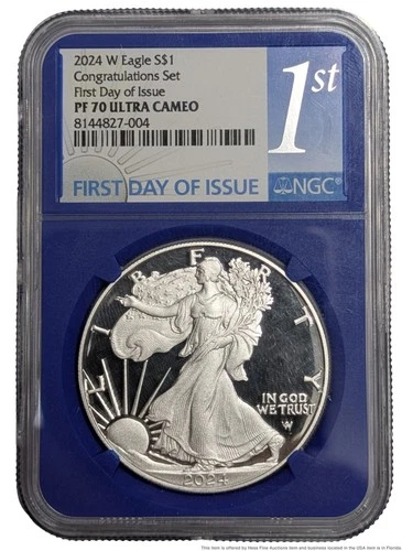 NGC 2024 W American Eagle PF 70 Ultra Cameo First Day of Issue 999 Silver Dollar