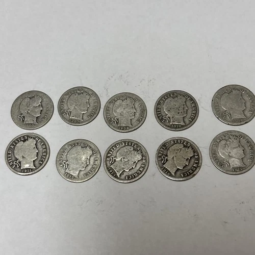 Lot Of 10 Barber Dimes - Various Dates & Mints - 90% Silver Good Grade #188