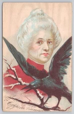 Vintage Italian Postcard with Woman & Raven Postmarked 1902 Salerno