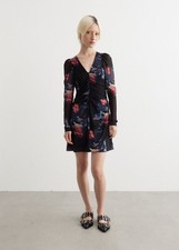 GANNI PRINTED MESH GATHERED MINI DRESS BLACK Size: 36