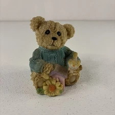 Vintage Detailed Resin Bear Figurine With Yellow Bird And Pink Bird House (5in)