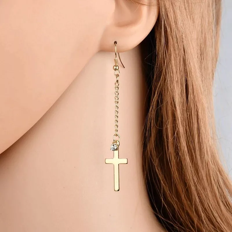 14K Yellow Gold Polished Double Strand Dangle Cross Earrings