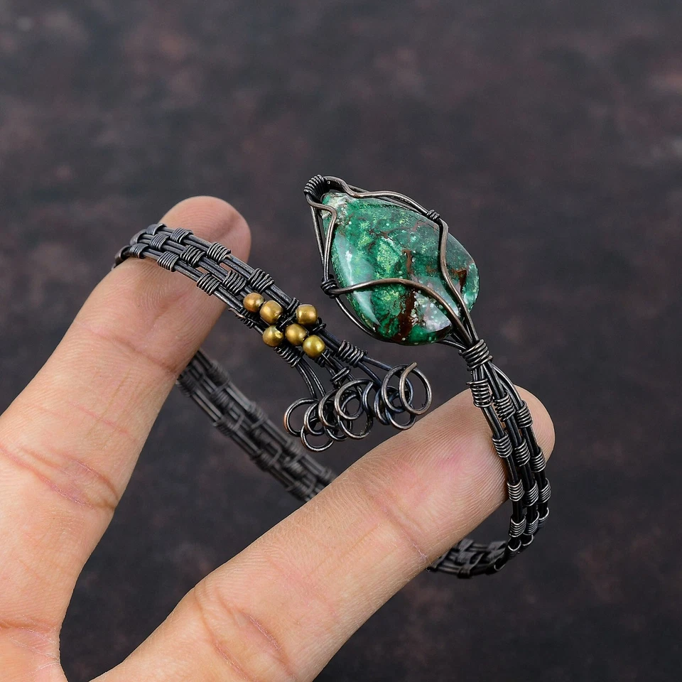 Подарок для нее медный куприт хризоколла ювелирные изделия с проволочной оберткой регулируемая манжета - Изображение 3 из 4