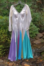 2000 Smooth or Latin Ballroom Dance Gown White Satin Multi-Colored Skirt Jewels