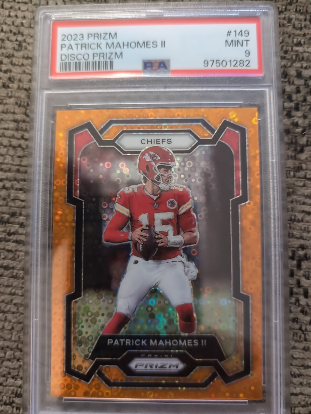 Patrick Mahomes II 2023 Prizm #149 Orange Disco PSA 9 Mint Chiefs