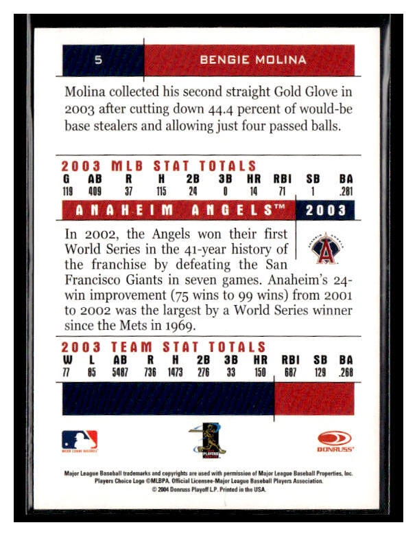 2004 Donruss Team Heroes #5 Bengie Molina - Image 2 of 2