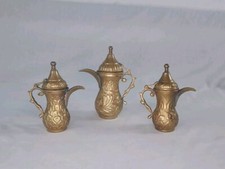 Coffee Dallah Pot Brass Middle Islamic Arabic Eastern Vintage Tea Set Of 3