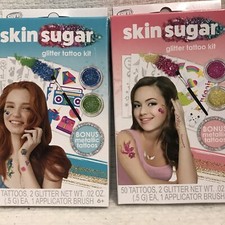 Set of 2 Savvi Skin Sugar 100 Glitter Tattoo Kit Blue  Green, Gold  Pink