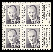 US Scott # 2189, Hubert Humphrey, Block of (4) 1991 52¢ Stamps, MNH