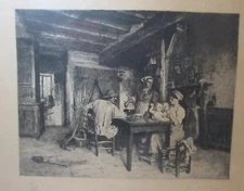 antique original 1884 CH. Courtry figural scene hand pencil signed engraving