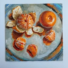 Clementine oil painting fruit still life original canvas art 8''x8''