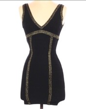 NWOT Guess bodycon Stretch Sleeveless V-neck Black Gold Zipper mini dress, XS/0