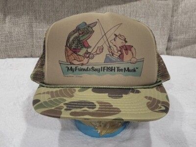 Vtg 80s 1985 ''Friends Say I Fish Too Much'' Fishing Humor Trucker Rope Camo Boat