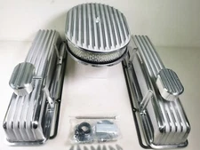 58-86 SBC Chevy Finned Tall Valve Covers+Gasket & 12" Air Cleaner + Breather Kit