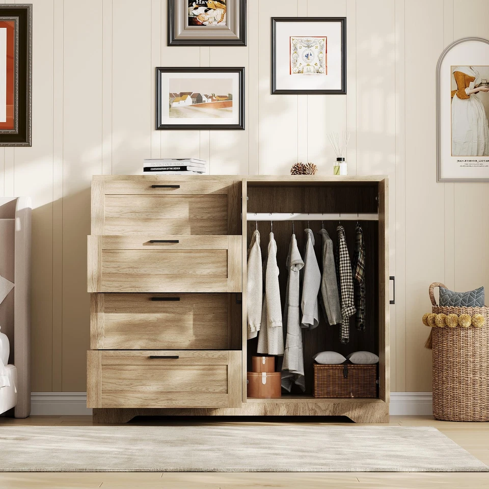 Armario Independiente con Barra Colgante Madera 4 Cajones Armario de Almacenamiento para Hogar Foto 3 de 4