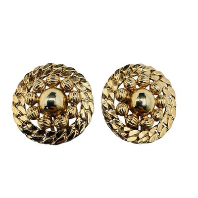 Bergere Cabochon Clip On Earrings Gold Tone Cuban Link & Floral Design VINTAGE