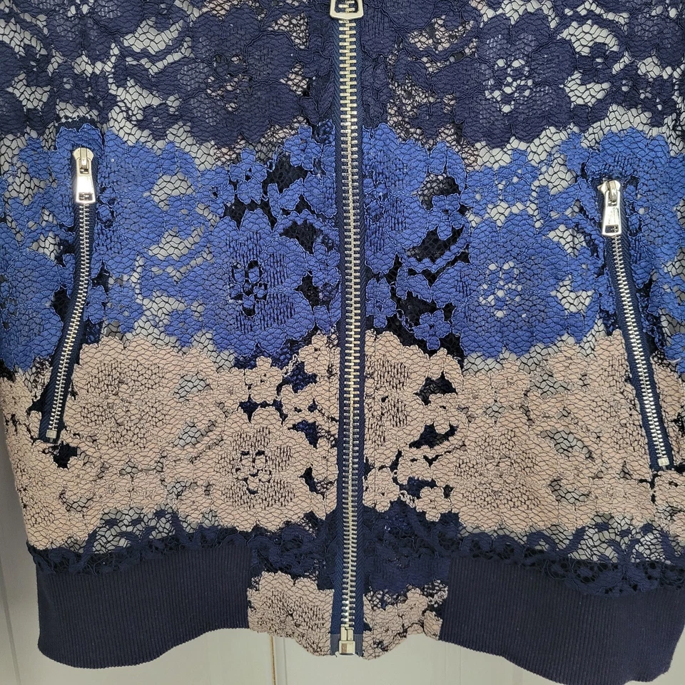 Wet Seal Womens Lacey Bomber Jacket SMALL Floral Color Block Full Zip Lined Blue - Image 4 of 4