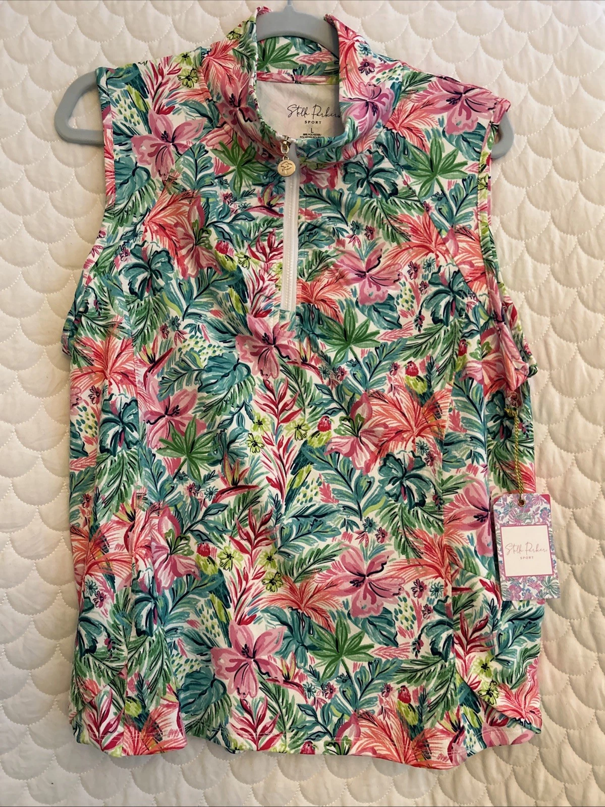NWT Stella Parker Sport tropical Sleeveless quater zip top size L Lilly Golf