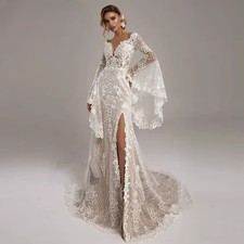 Luxury Boho Puffy Long Sleeve Mermaid Wedding Gowns Champagne Beach Bridal Gown