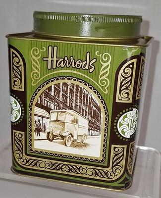 Vtg Harrods Knightsbridge London Tea Tin Green Gold Metal Canister 4.4oz 125g