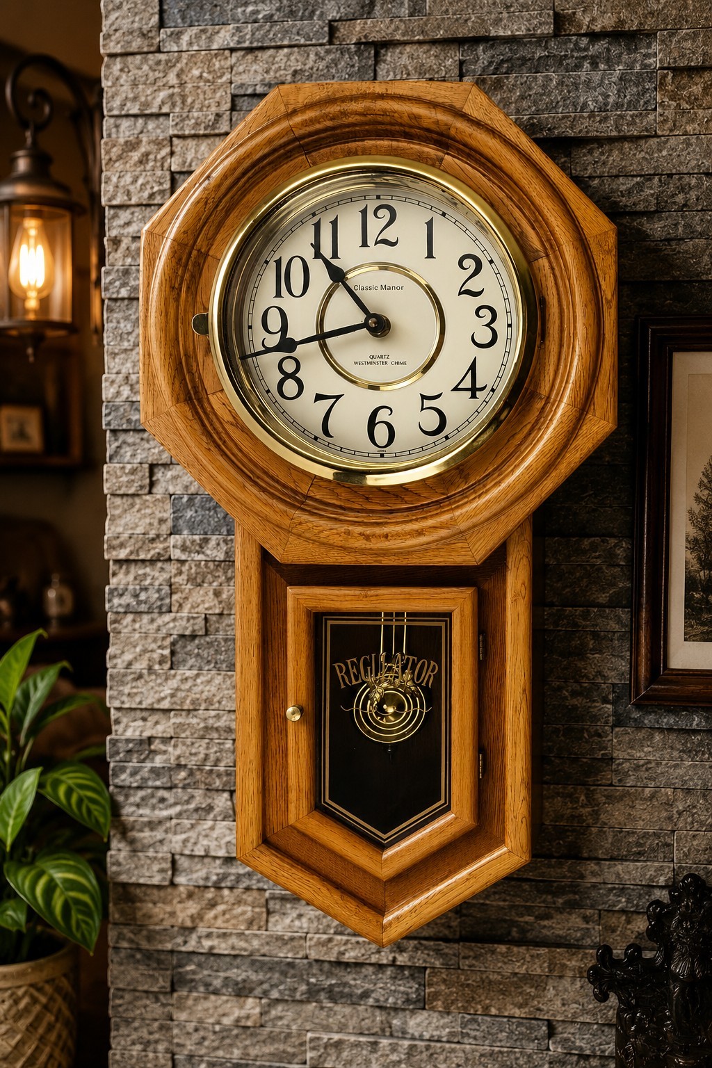 Regulator Manor Quartz Hanging Wall Clock Westminster Chime Walnut Wood Pendulum
