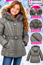 S. Rothschild Girl's Toddler Polka Dot Belted Puffer Jacket Faux Fur Trim - 3T