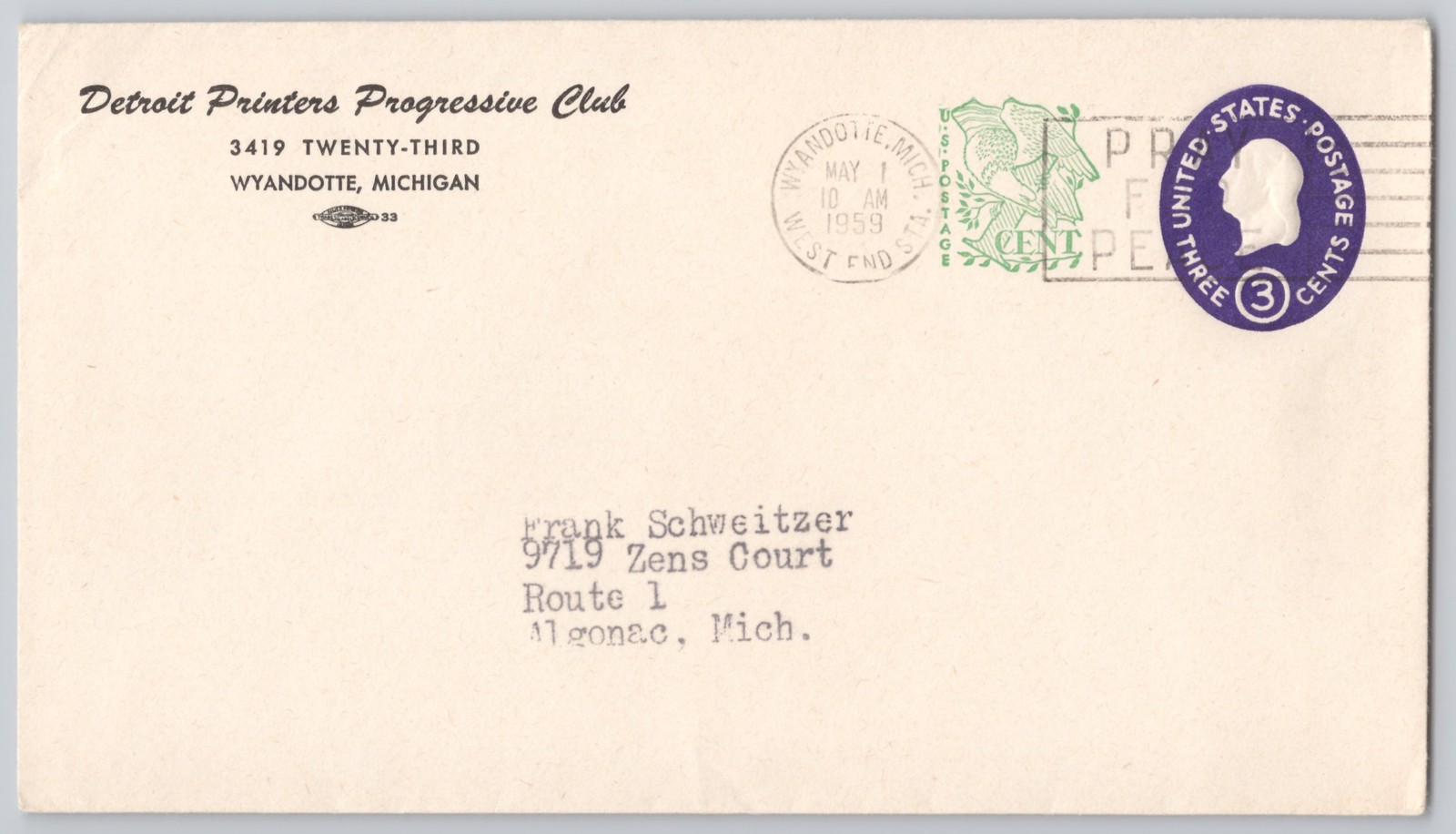 Wyandotte, Michigan Detroit Printers Progressive Club envelope, 1959 ACE