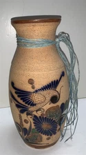 MEXICO Tonala Folk Art Pottery Vase 11 1/2 IN Bird Floral