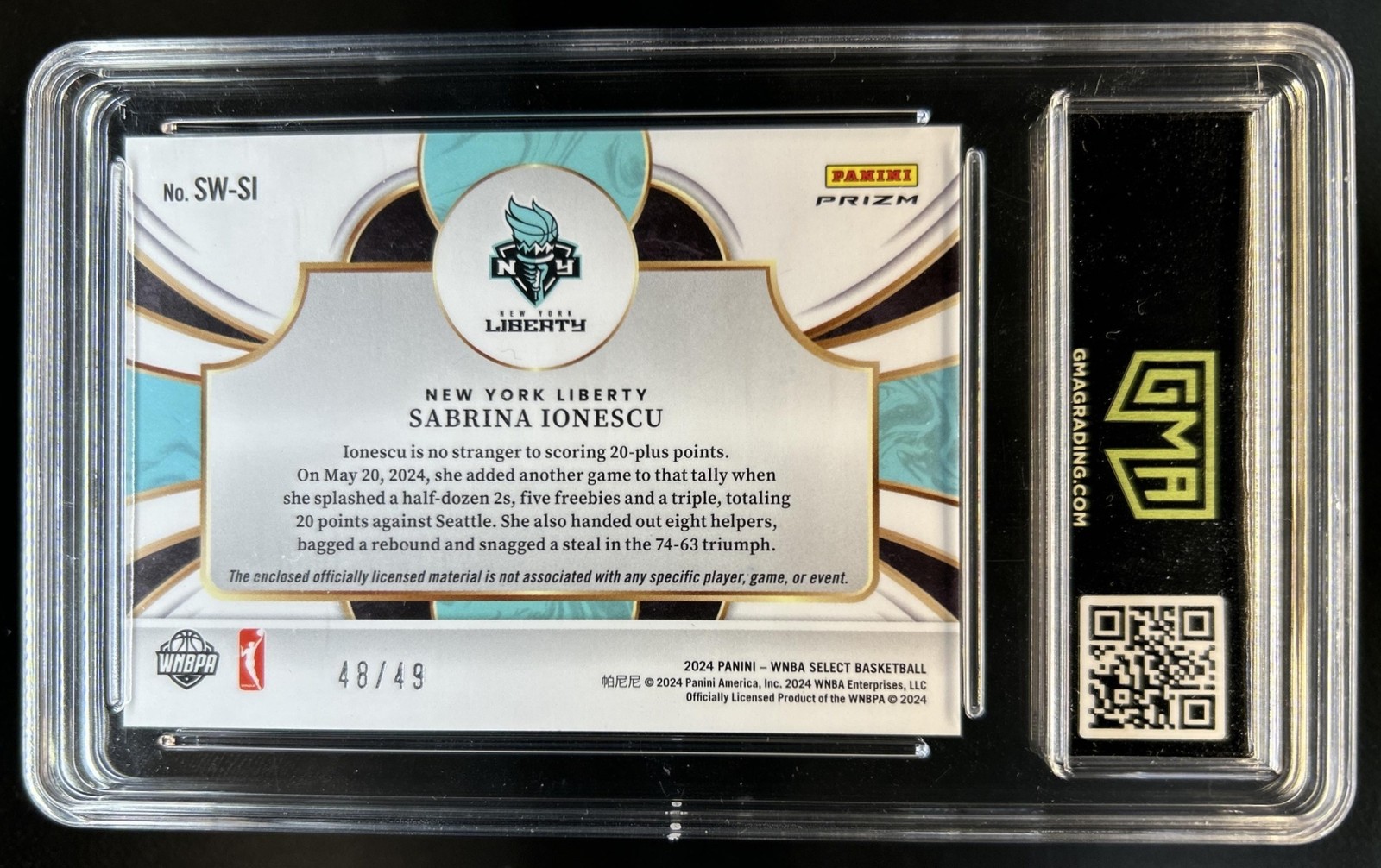 2024 Select WNBA Sabrina Ionescu Selective Jersey Purple Prizm #/49 GMA 9 view 2