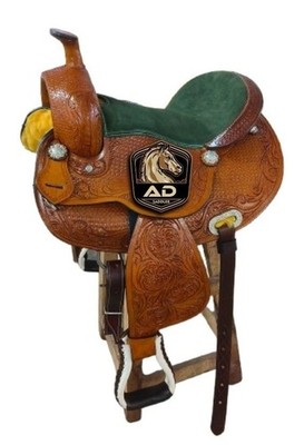 Western Leather Horse Saddle Barrel Racing Brown-Green Seat Hand-Tooled Carved