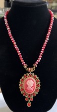 Red Crystal Glass Necklace With Cameo Pendant Brooch
