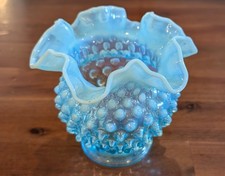 Vintage Fenton Light Blue Opalescent Hobnail Ruffled Glass Vase 4.5" X 5" Aqua