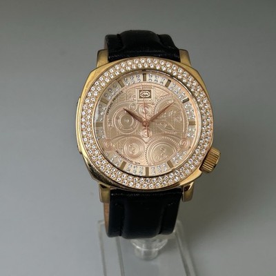 Marc Ecko Herrenuhr E15025G1 goldfarben schwarz Leder Kristall Lünette neue Batterie