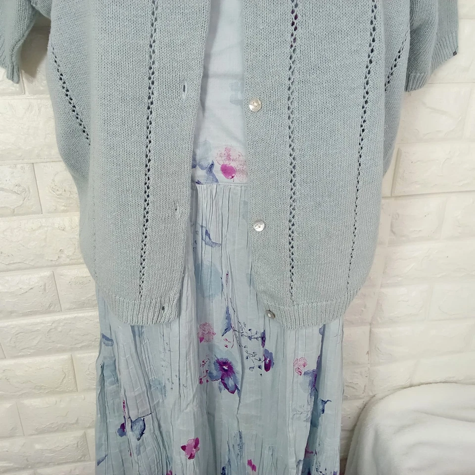 Vintage 90s 2-pc Set Floral Tank Dress & Cardigan Sweater Knit Linen Cotton M/L - Image 3 of 4