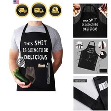 Funny BBQ Apron for Men Husband Dad Gift Adjustable Cooking Apron 3 Pockets