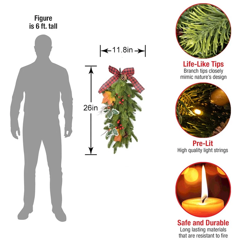 1/2 PIEZA 26" Pre-iluminado Navidad Swag Corona Lágrima Artificial con Luces LED Decoración Foto 2 de 4