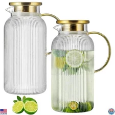 2-Pack Glass Pitcher Set with Lid - 68 oz Classic Stripes, Yellow Handle, Heat