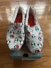 Toms Alpargata Glacier Gray Winter Penguins Faux Fur Slip On Flat Womens Sz 7.5