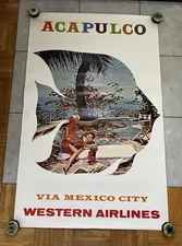 WESTERN AIRLINES   ACAPULCO Vintage 1960s Travel poster 25x39
