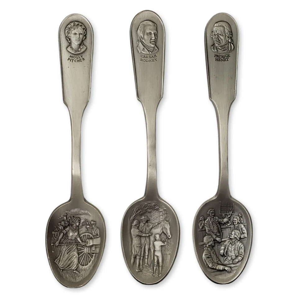 Franklin Mint Bicentennial Set 13 Sculpted Pewter Spoons & Wood Display Case - Image 3 of 4
