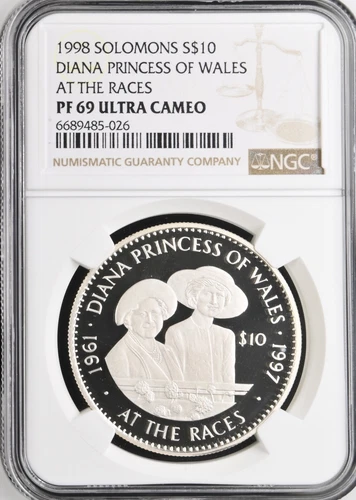 1998 SOLOMON ISLANDS SILVER $10 DIANA PRINCESS OF WALES AT THE RACES - NGC PF69