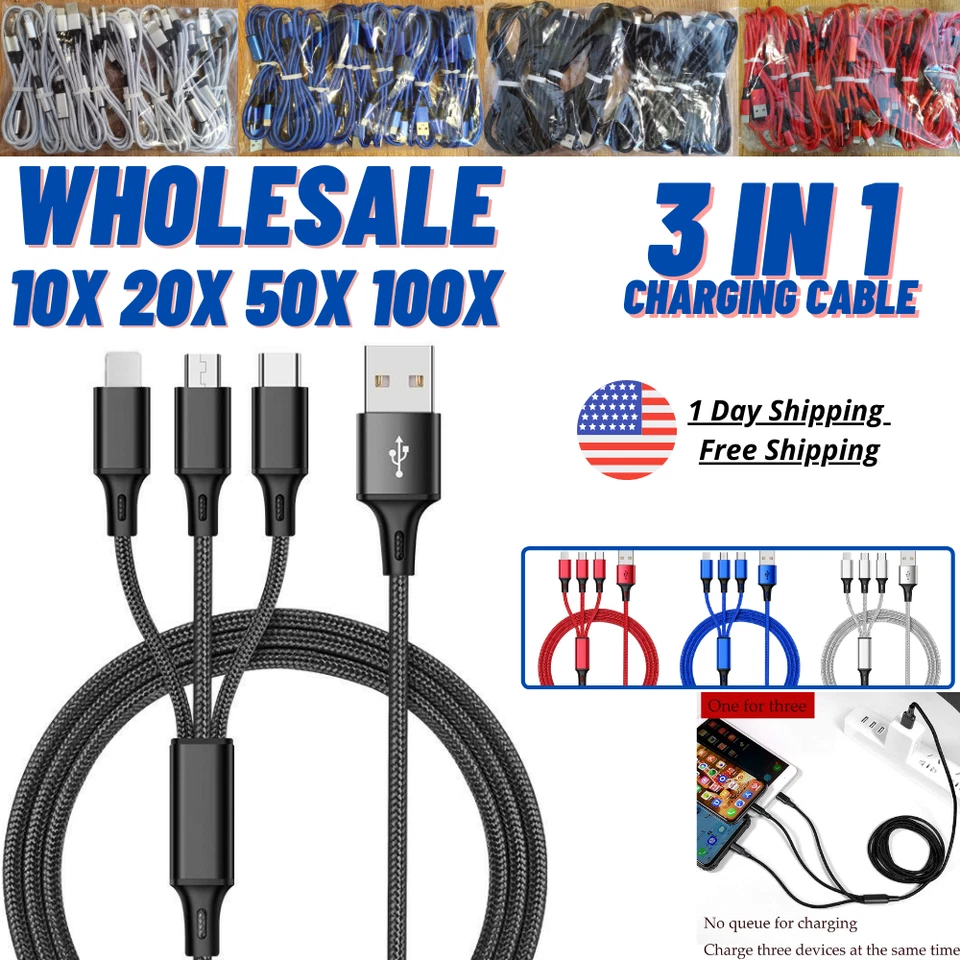 Wholesale 3A Fast Charging Cable 3 in 1 Charger Cord For iPhone USB-C Micro USB - Image 2 of 4