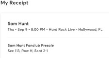 concert ticket, Sam Hunt, Florida, Hard Rock, Hollywood, 