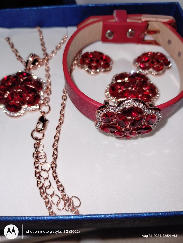 🔥红色水晶,白色蓝宝石珠宝套装戒指 尺寸 6,项链,耳环和手链   — 第 4/4 张图片